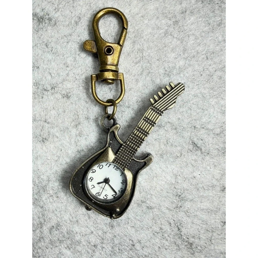 Novelty Guitar Quartz Watch Keychain Bronze Tone Musician Gift Not Working